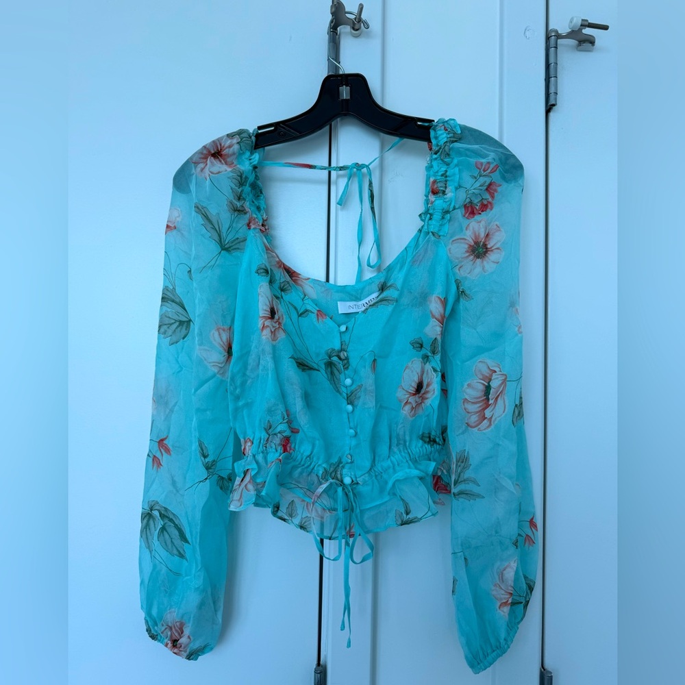 INTERMIX Raquel Floral Blue LS Blouse 100% Silk